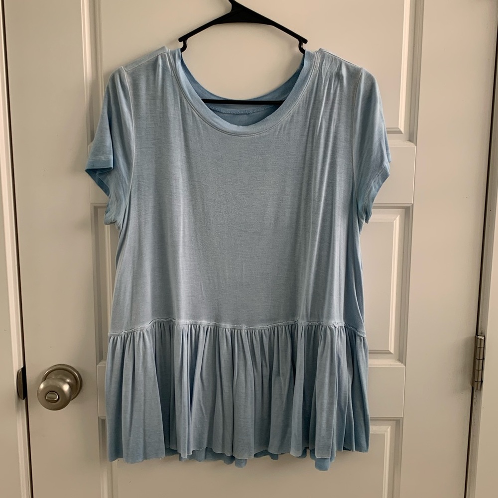 blue flowy shirt